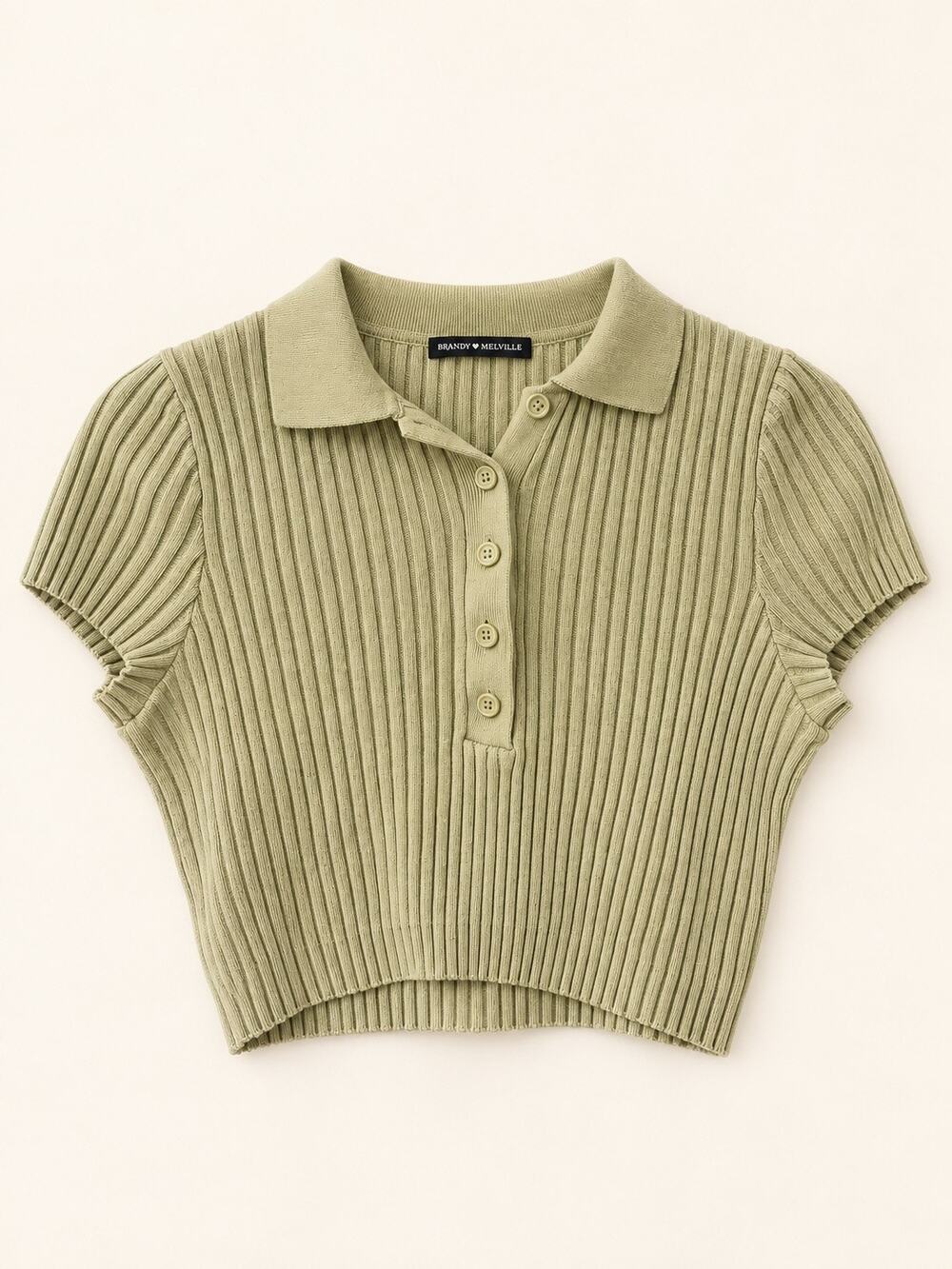 Brandy Melville Sage Green Ribbed Knit Polo Crop Top Small Cotton Short Sleeve